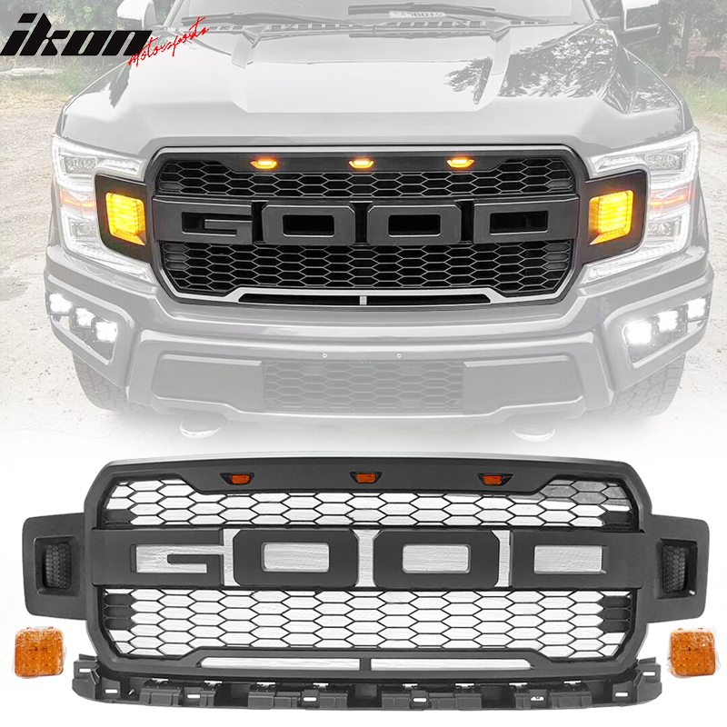 2018-2020 Ford F150 V3 Style Black Front Bumper Hood Grille Yellow LED