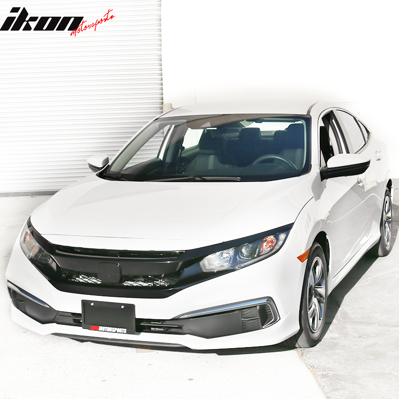 IKON MOTORSPORTS, Front Grille Compatible With 2019-2021 Honda Civic, Type R Style Gloss Black Front Bumper Grille Mesh Hood Guards with Eyebrows Pair, 2020