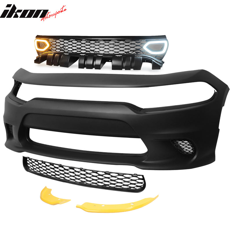 IKON MOTORSPORTS, Front Bumper Cover & Splitters & Grille with Lights Compatible With 2015-2023 Dodge Charger, SRT Style PP Front Bumper Conversion Replacement, 2016 2017 2018