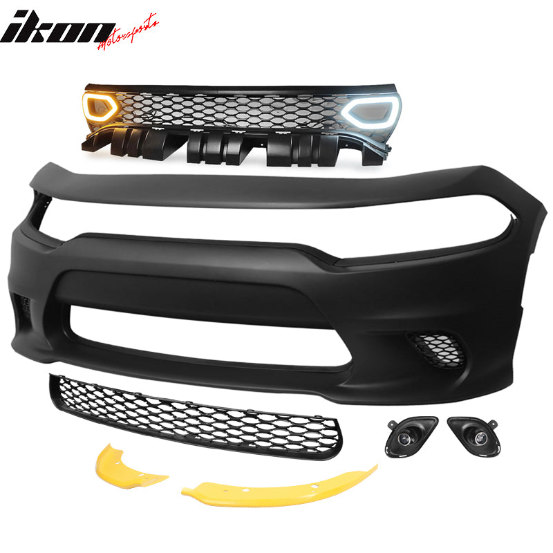 IKON MOTORSPORTS, Front Bumper Cover & Splitters & Grille with Lights Compatible With 2015-2023 Dodge Charger, SRT Style PP Front Bumper Replacement, 2016 2017 2018