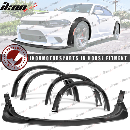 IKON MOTORSPORTS, Front Bumper Lip & Fender Flares Compatible With 2015-2023 Dodge Charger, Widebody Style Front Bumper Lower Body Protection, Wheel Protector Cover ABS