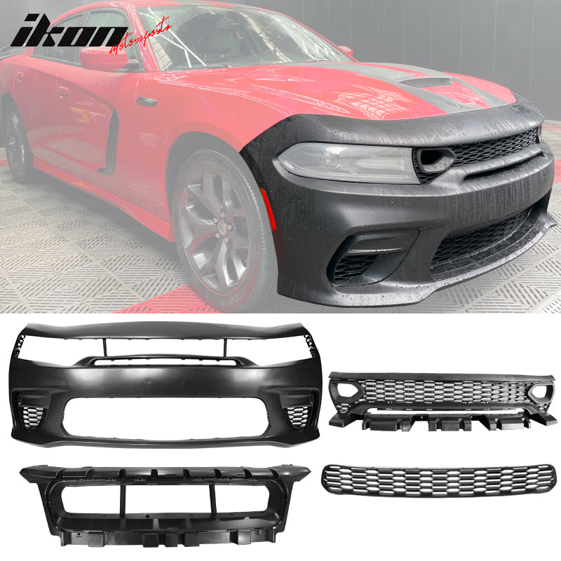 IKON MOTORSPORTS, Front + Rear Bumper Compatible With 2015-2023 Charger, Widebody Style Front Rear Bumper Cover & SRT Style Upper Lower Grille & Foglight Covers & IKON Style Rear Diffuser