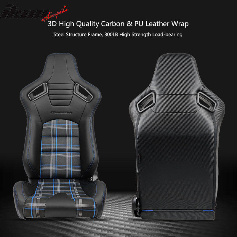 Universal Recline Racing Seat PU Carbon Blue Plaid & Dual Slider Buckle Belt x2