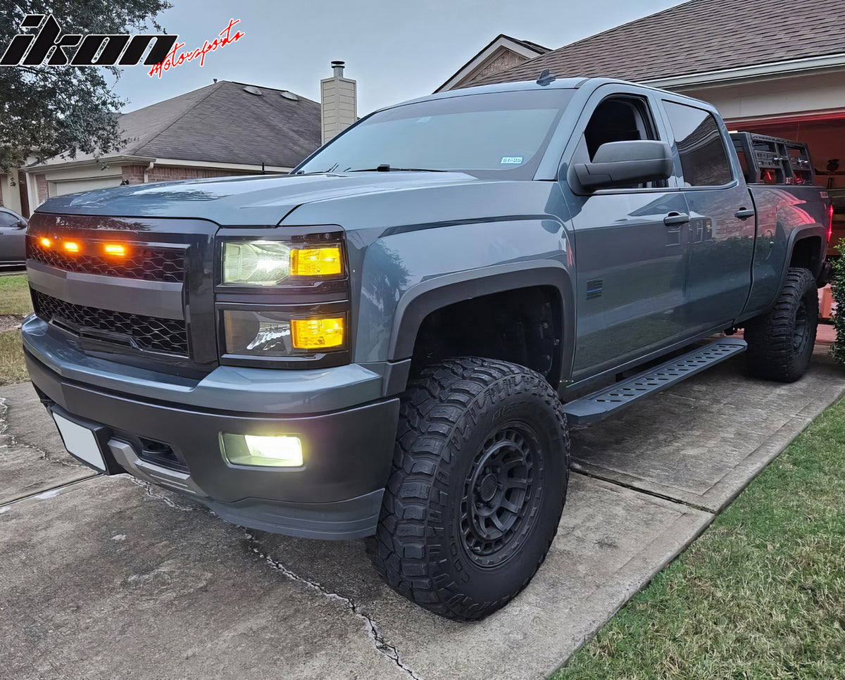 IKON MOTORSPORTS LED Grille Lights Compatible With GMC Sierra 1500 2500 3500 & Chevrolet Silverado 1500 & LD 2500 3500 & HD, 3PCS Amber LED Grill Light Replacement Without Wiring Harness