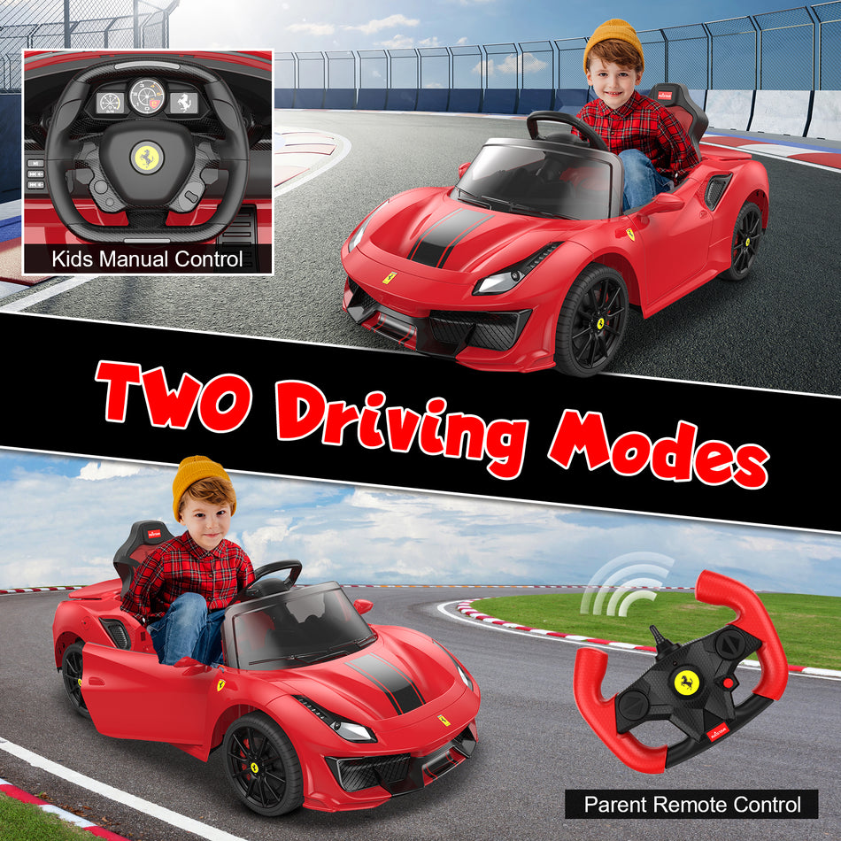 IKON MOTORSPORTS Electric Licensed Ferrair Car for Kids, 12V Battery Powered Ride On Car Toy with Remote Control for Children, W/ Spring Suspension, Speaker, MP3, LED Lights, Red