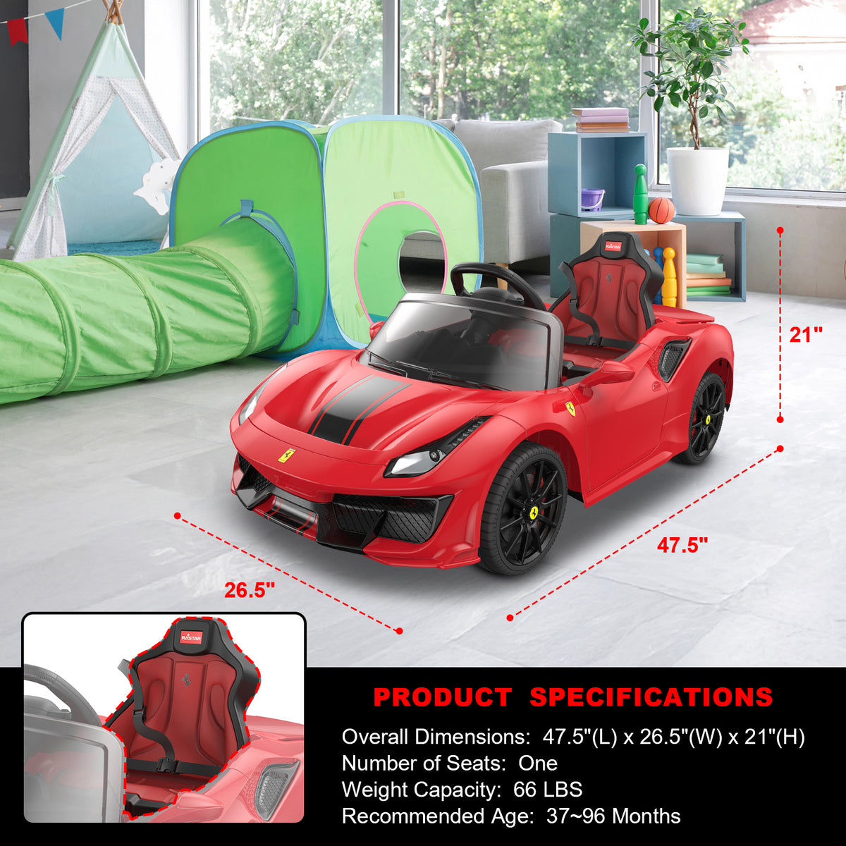 IKON MOTORSPORTS Electric Licensed Ferrair Car for Kids, 12V Battery Powered Ride On Car Toy with Remote Control for Children, W/ Spring Suspension, Speaker, MP3, LED Lights, Red