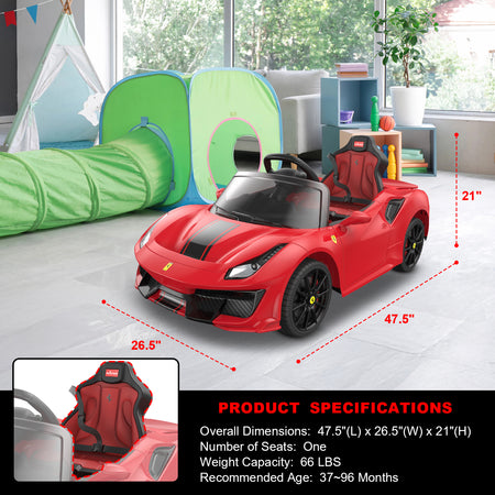 IKON MOTORSPORTS Electric Licensed Ferrair Car for Kids, 12V Battery Powered Ride On Car Toy with Remote Control for Children, W/ Spring Suspension, Speaker, MP3, LED Lights, Red