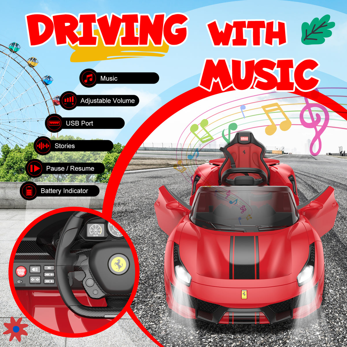 IKON MOTORSPORTS Electric Licensed Ferrair Car for Kids, 12V Battery Powered Ride On Car Toy with Remote Control for Children, W/ Spring Suspension, Speaker, MP3, LED Lights, Red