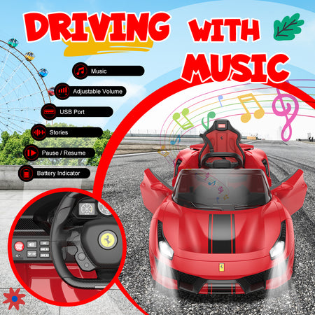 IKON MOTORSPORTS Electric Licensed Ferrair Car for Kids, 12V Battery Powered Ride On Car Toy with Remote Control for Children, W/ Spring Suspension, Speaker, MP3, LED Lights, Red