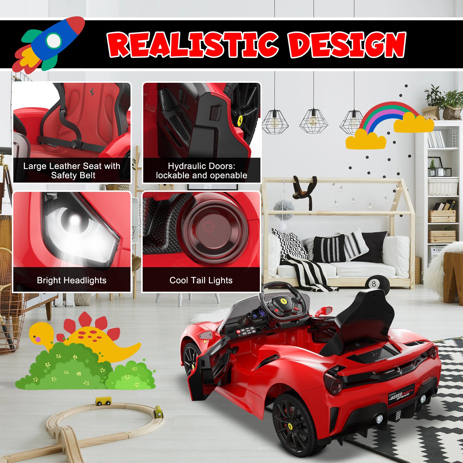 IKON MOTORSPORTS Electric Licensed Ferrair Car for Kids, 12V Battery Powered Ride On Car Toy with Remote Control for Children, W/ Spring Suspension, Speaker, MP3, LED Lights, Red