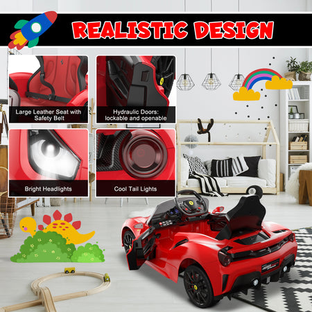 IKON MOTORSPORTS Electric Licensed Ferrair Car for Kids, 12V Battery Powered Ride On Car Toy with Remote Control for Children, W/ Spring Suspension, Speaker, MP3, LED Lights, Red