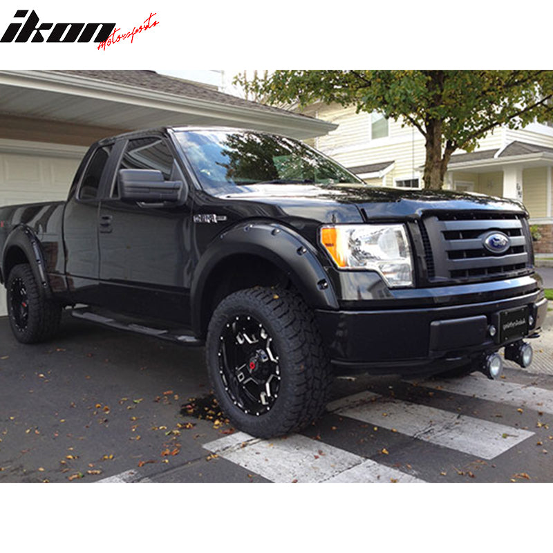 Fender Flares Compatible With 2009-2014 Ford F150, Pocket Rivet Style ABS Smooth Black Pocket Rivet Added-on Bodykit by IKON MOTORSPORTS, 2010 2011 2012 2013