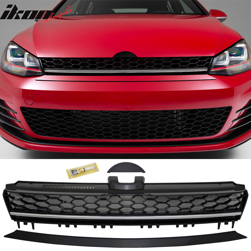 Grille Compatible With 2014-2017 Volkswagen Golf 7 MK7, GTI Style ABS Plastic Black W & Chrome Trim Front Bumper Grill Hood Mesh by IKON MOTORSPORTS, 2015 2016