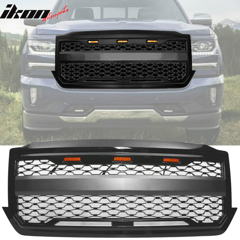 IKON MOTORSPORTS Matte Black Front Grille For 2014-2015 Chevy Silverado 1500 W/ Signal Light