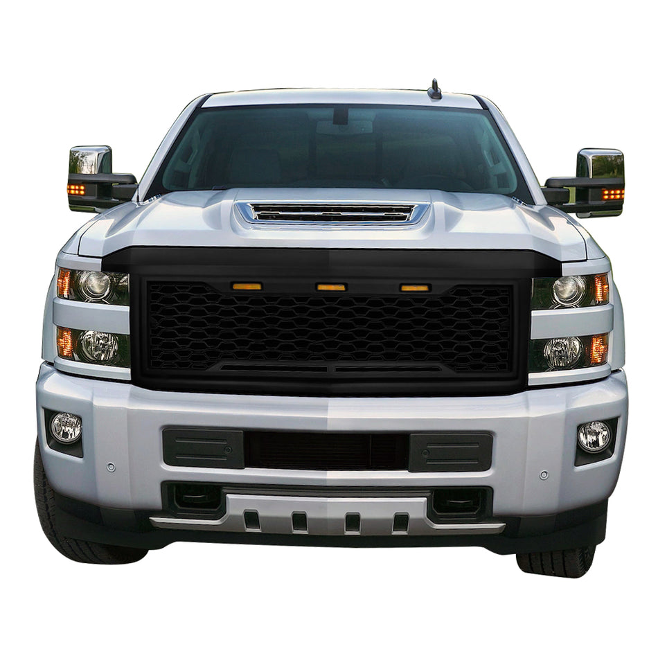 IKON MOTORSPORTS, Grille Compatible With 2015-2018 Chevy Silverado 2500 3500, Front Bumper Hood Mesh Grill Matte Black, 2016 2017