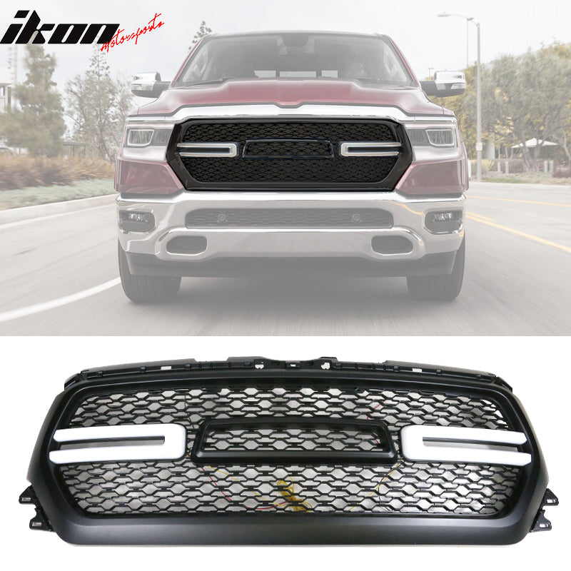 IKON MOTORSPORTS, Grille Compatible With 2019-2024 Ram 1500, Front Bumper Hood Mesh Grill with Light Matte Black