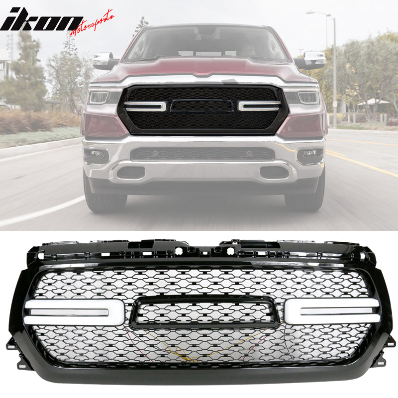 IKON MOTORSPORTS, Grille Compatible With 2019-2024 Ram 1500, DRL Daytime Running Light Front Bumper Hood Mesh Grill with Switchback Turn Signal Matte Black