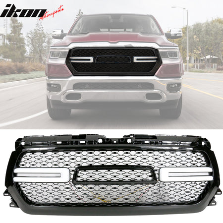 IKON MOTORSPORTS, Grille Compatible With 2019-2024 Ram 1500, DRL Daytime Running Light Front Bumper Hood Mesh Grill with Switchback Turn Signal Matte Black