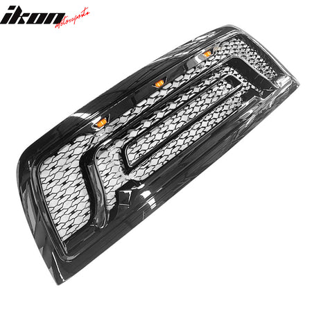 IKON MOTORSPORTS, Grille Compatible With 2010-2018 Dodge Ram 2500 3500, Gloss Black ABS Mesh Front Bumper Hood Upper Grill Shell with Signal, 2011 2012 2013 2014 2015 2016 2017