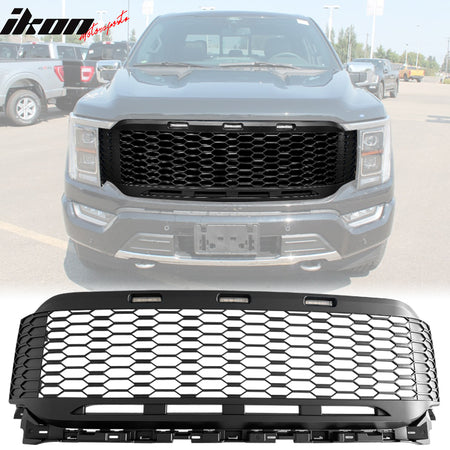IKON MOTORSPORTS, Front Grille Compatible With 2021-2023 Ford F-150, Front Mesh Bumper Hood Grill Grille W/O Emblem with Light, ABS R Style