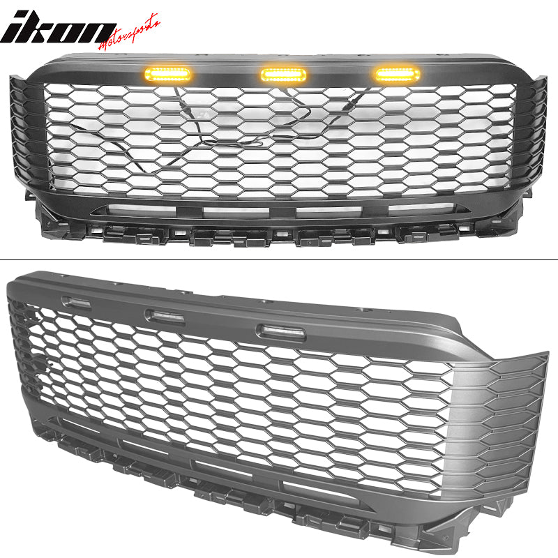 Fits 2021-2023 Ford F-150 Front Mesh Hood Grill Grille ABS R Style W/LED