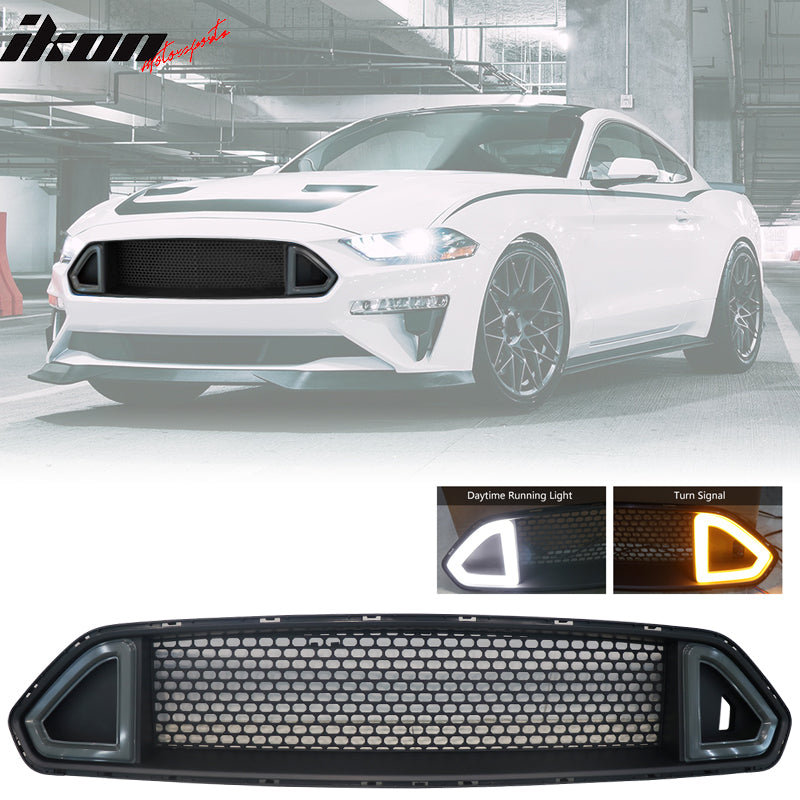 IKON MOTORSPORTS Upper Grille Compatible With 2018-2023 Ford Mustang, DRL Yellow Turn Signal Light