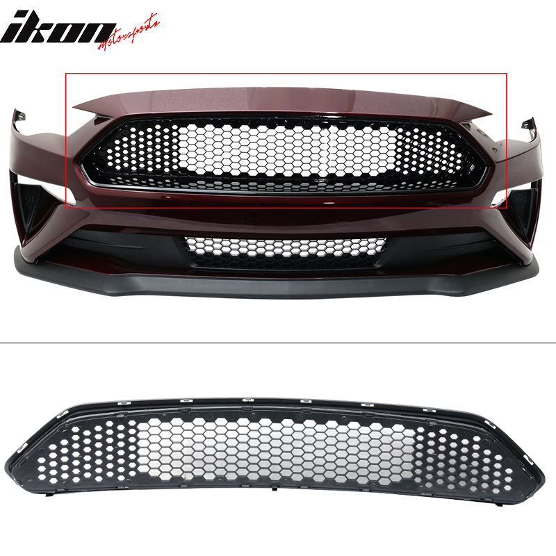 Fits 18-23 Ford Mustang Honeycomb Front Bumper Upper Grille Black ABS