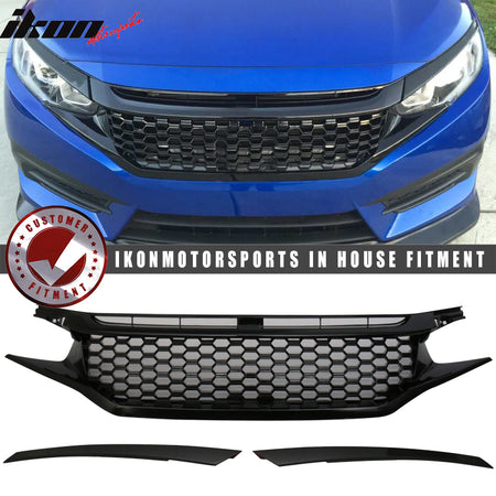 Fits 16-18 Honda Civic IKON GT Style Front Bumper Lip PU + Front Hood Grille ABS