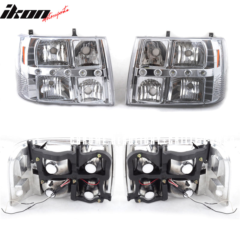 Lights Compatible With 1999-2006 Chevy, Head Lights & DRL Led Amber Reflector & Chrome Grille by IKON MOTORSPORTS, 2000 2001 2002 2003 2004 2005