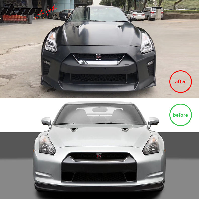 Front Bumper Cover Compatible With 2009-2022 Nissan GTR GT-R R35 Coupe, Factory Style Unpainted Black Front Bumper Cover Conversion Replacement PP Upgrade 2009-2016 to 2017-2022 by IKON MOTORSPORTS
