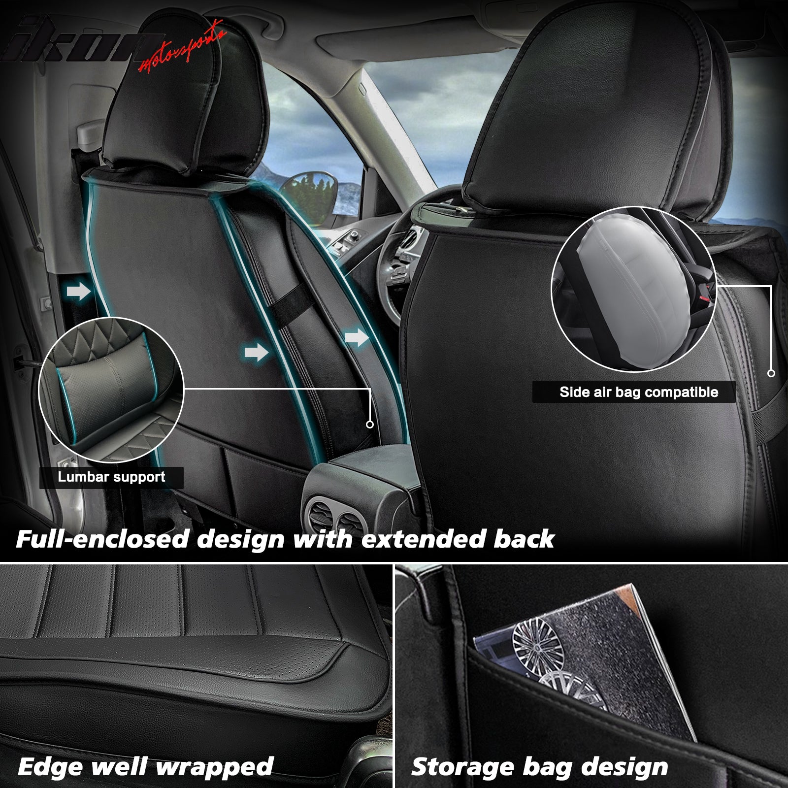 Universal PU Leather Car Seat Covers w/ Lumbar 04B Style 5-Seat Full Set