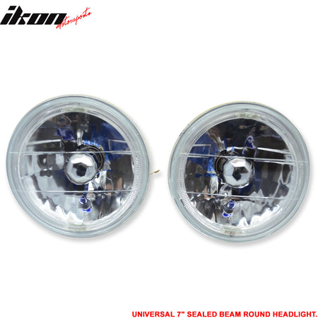 Fits 7 Inch Round Chrome Clear Housing White Halo Headlights & H4 Lamp 2PCS