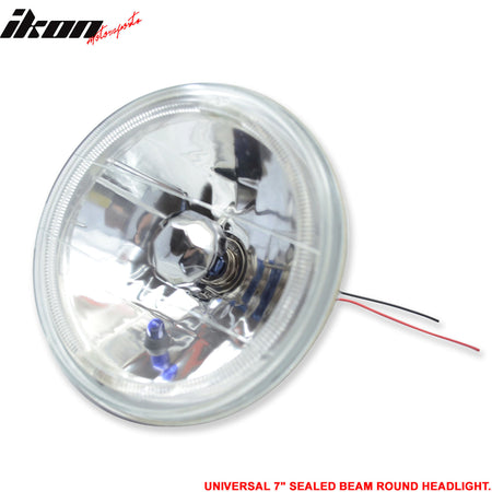 Headlights Compatible With 7" Round Sealed Beam Type, 7 Inch Round Chrome Clear Housing White Halo Headlights & H4 Lamp 2PCS by IKON MOTORSPORTS