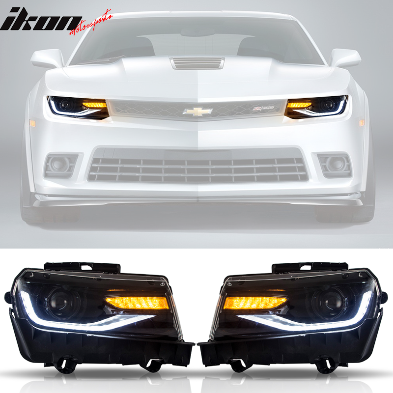 IKON MOTORSPORTS Front Bumper Compatible With 2014-2015 Chevy Camaro, ZL1 Style Bumper Cover with Grille Undertray,DRL Fog Lights, Headlights with Turn Signal Lamps