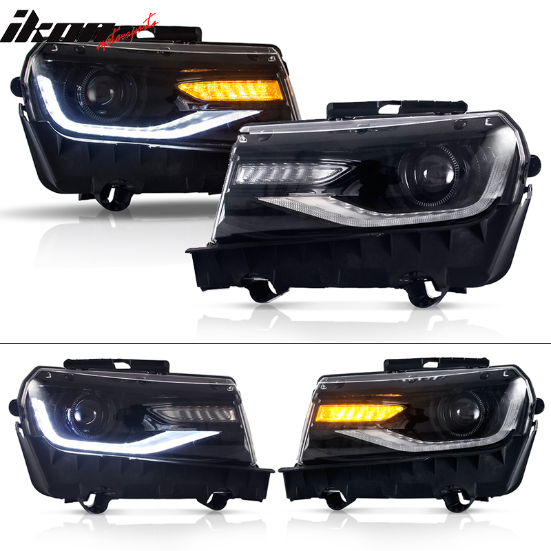 IKON MOTORSPRTS, Projector Headlights Compatible With 2014-2015 Chevrolet Camaro LT SS ZL1, DRL Daytime Running Lights Left Right Side Sequential Turn Signal Lamps Dual Beam Lens