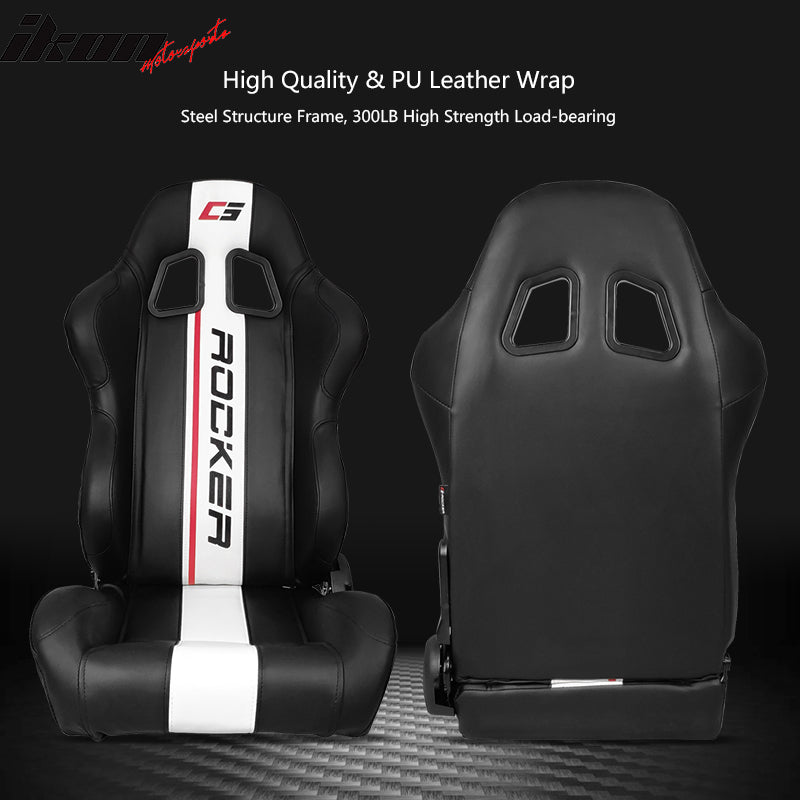 IKON MOTORSPORTS, Universal Racing Seats Pair with Dual Sliders, Black PU Leather White Stripe Reclinable Left Driver Side + Right Passenger Side