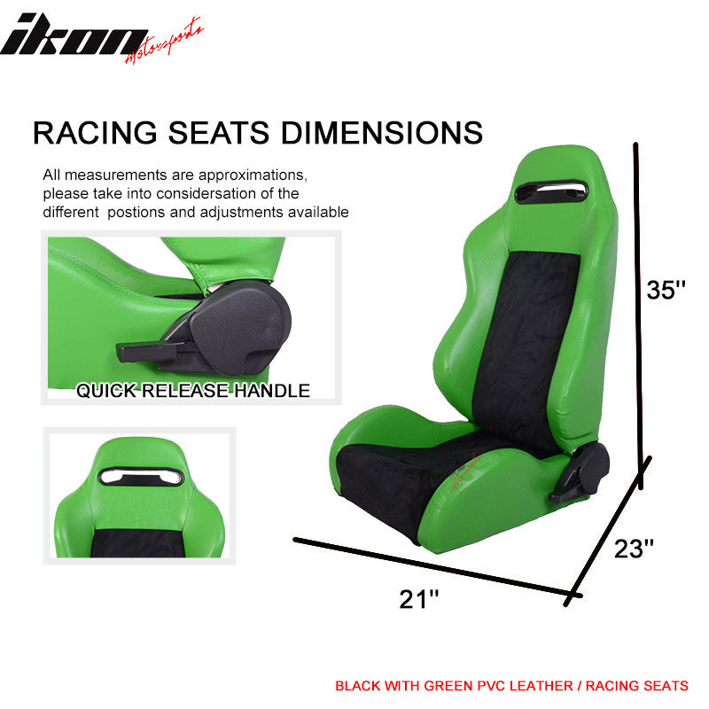 x2 Universal Black Green PVC Leather Suede Reclinable Racing Seats Pair+Slider