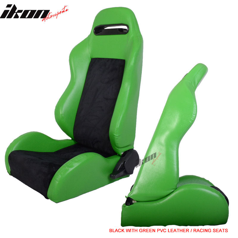 x2 Universal Black Green PVC Leather Suede Reclinable Racing Seats Pair+Slider