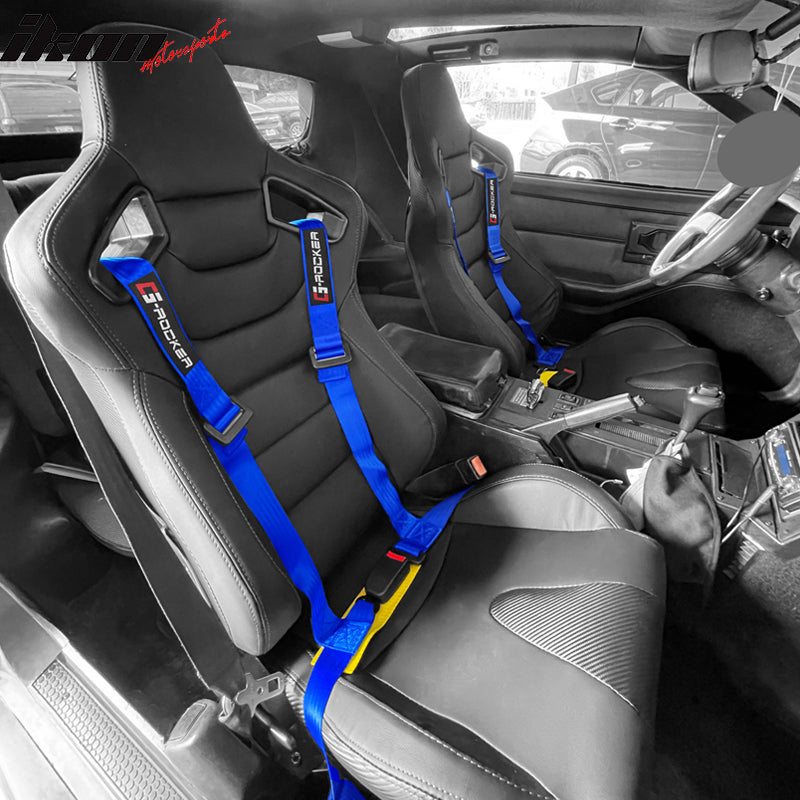IKON MOTORSPORTS Universal Seat Belt, 2" Width Nylon Strip, 4 points Buckle harness, Racing Safety Belt with G-Rocker Logo for Sport Car, UTV, ATV, Go-kart Car, Blue (Pack of 1)