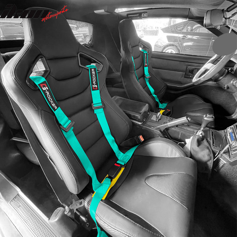 IKON MOTORSPORTS Universal Seat Belt, 2" Width Nylon Strip, 4 points Buckle harness, Racing Safety Belt with G-Rocker Logo for Sport Car, UTV, ATV, Go-kart Car, Green (Pack of 1)