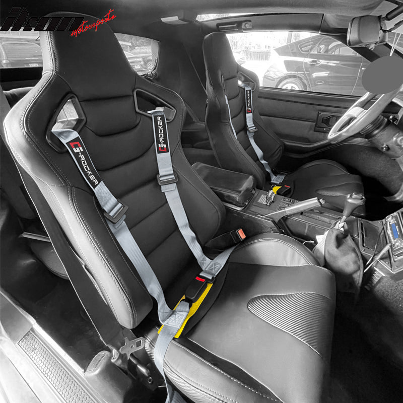 IKON MOTORSPORTS Universal Seat Belt, 2" Width Nylon Strip, 4 points Buckle harness, Racing Safety Belt with G-Rocker Logo for Sport Car, UTV, ATV, Go-kart Car, Gray (Pack of 1)