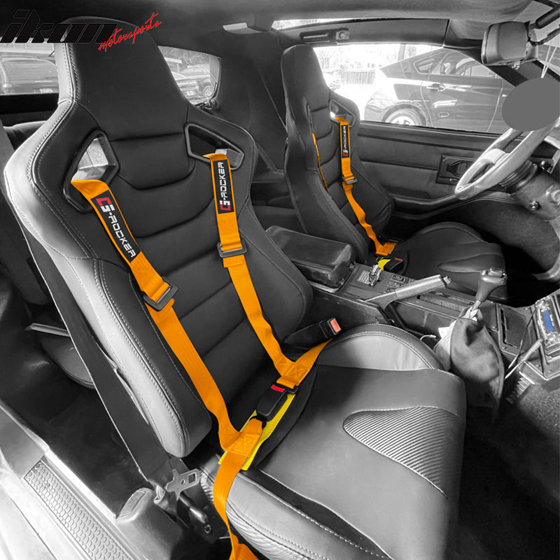 IKON MOTORSPORTS Universal Seat Belt, 2" Width Nylon Strip, 4 points Buckle harness, Racing Safety Belt with G-Rocker Logo for Sport Car, UTV, ATV, Go-kart Car, Orange (Pack of 1)