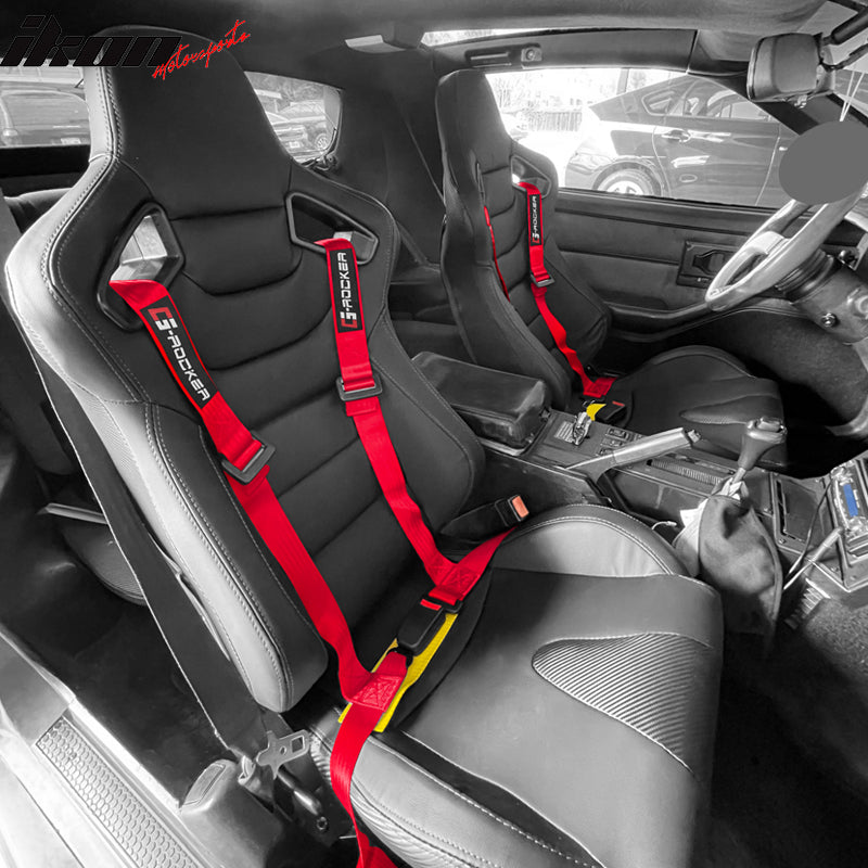 IKON MOTORSPORTS Universal Seat Belt, 2" Width Nylon Strip, 4 points Buckle harness, Racing Safety Belt with G-Rocker Logo for Sport Car, UTV, ATV, Go-kart Car, Red (Pack of 1)