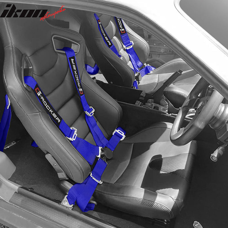 IKON MOTORSPORTS Universal Seat Belt, 2" Width Nylon Strip, 4 points Camlock harness, Racing Safety Belt with G-Rocker Logo for Sport Car, UTV, ATV, Go-kart Car, Blue (Pack of 1)