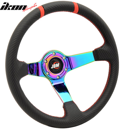 Steering Wheel UNIVERSAL FITMENT, 350MM Black Carbon Fiber Print Neo Spoke Sport Racing Steering Wheel JDM Logo by IKON MOTORSPORTS