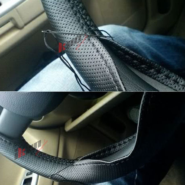 37-38CM Black Diy Car Leather Steering Wheel Cover Stitch Wrap & Needle Thread
