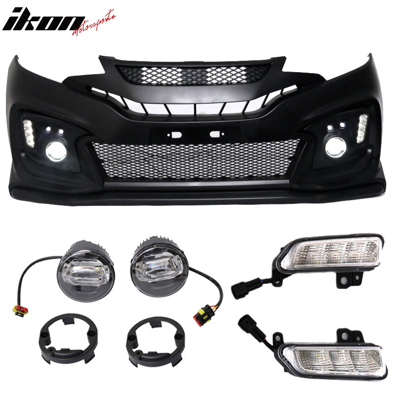 Front Bumper Cover Compatible With 2015-2016 Honda Fit GK5 Jazz, RR Style Front Bumper Conversion w/ DRL Foglights by IKON MOTORSPORTS