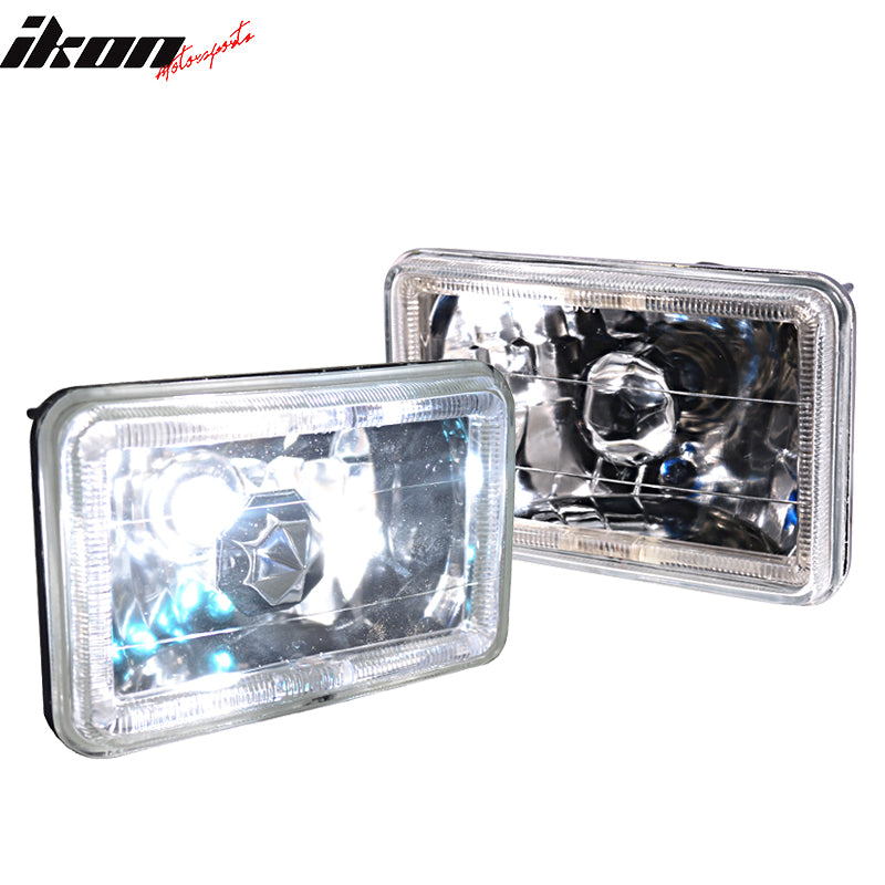 Headlights Compatible With vehicle with 6"x4" Sealed Beam Square Projector Headlight Headlamp Set White Halo H4 Driving Light by IKON MOTORSPORTS, 1997 1998 1999 2000 2001 2002 2003