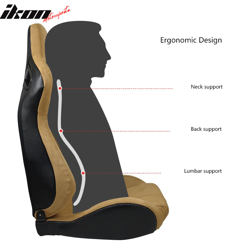 IKON MOTORSPORTS, Universal Racing Seats with Dual Sliders, Brown Suede Reclinable Left Driver Side