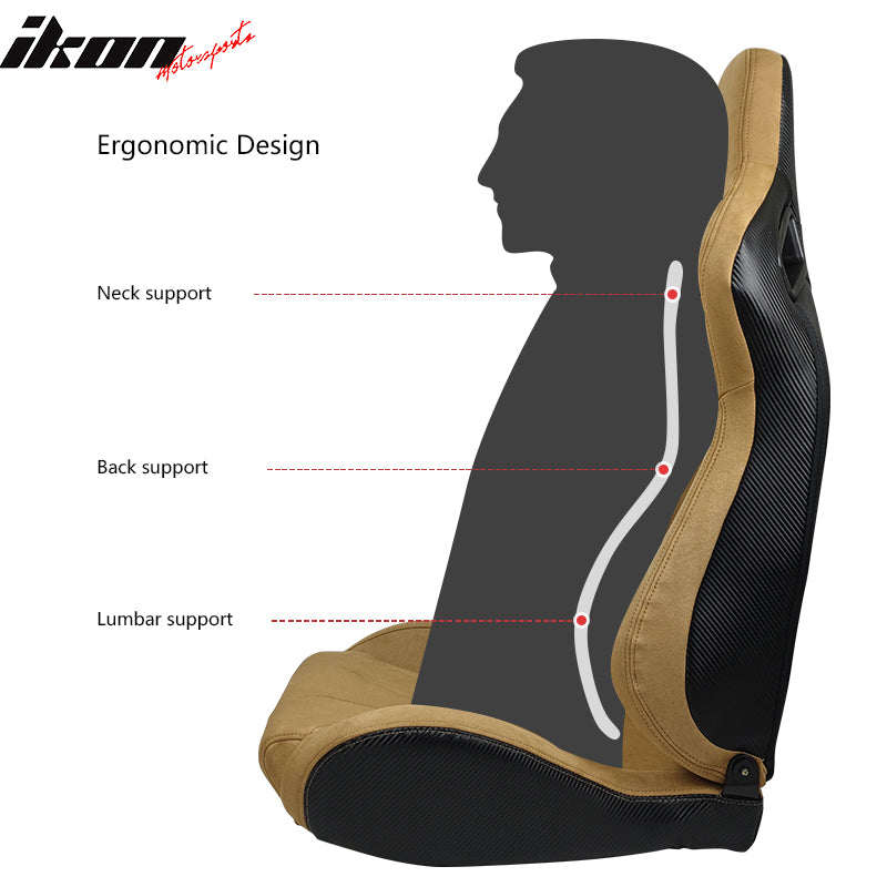 IKON MOTORSPORTS, Universal Racing Seats with Dual Sliders, Brown Suede Reclinable Right Passenger Side
